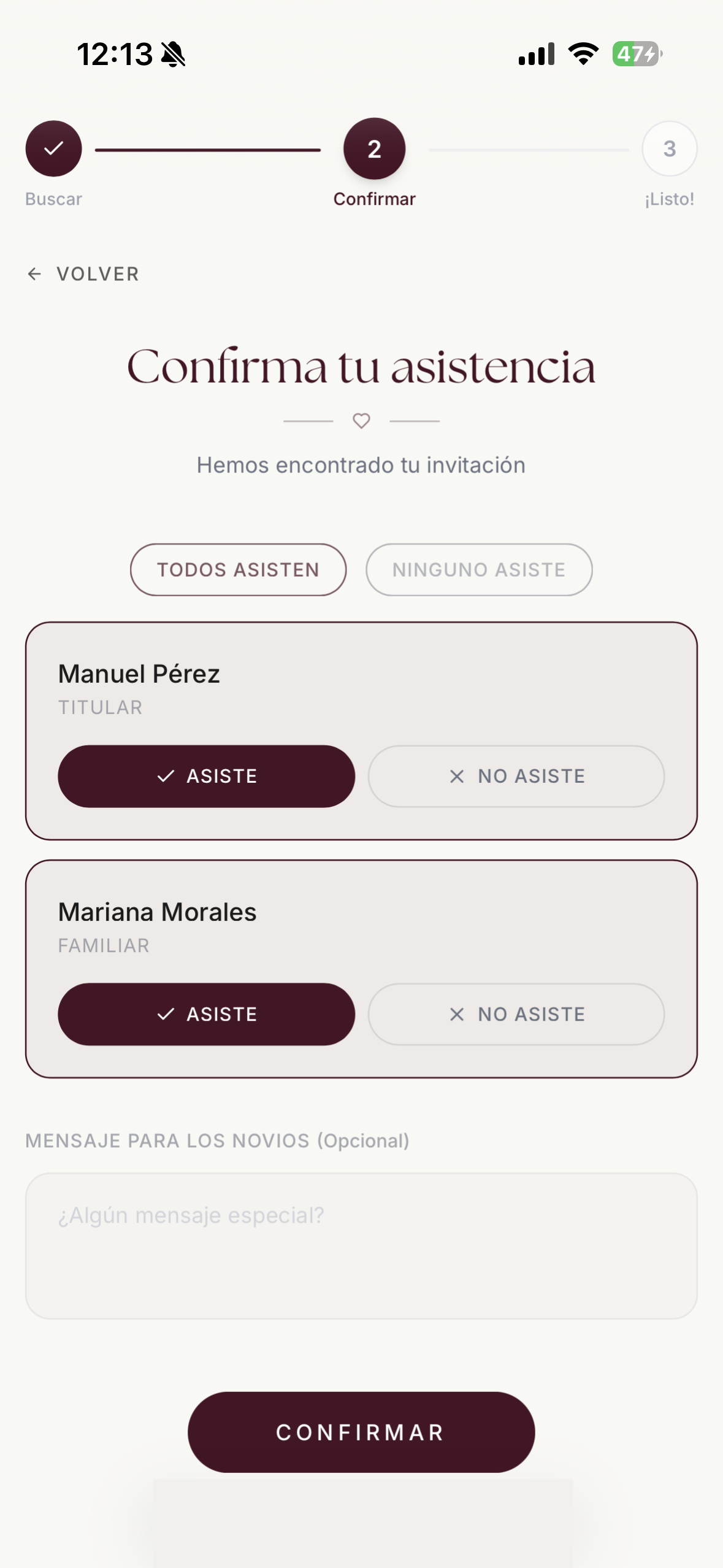 Pantalla de confirmación RSVP en celular