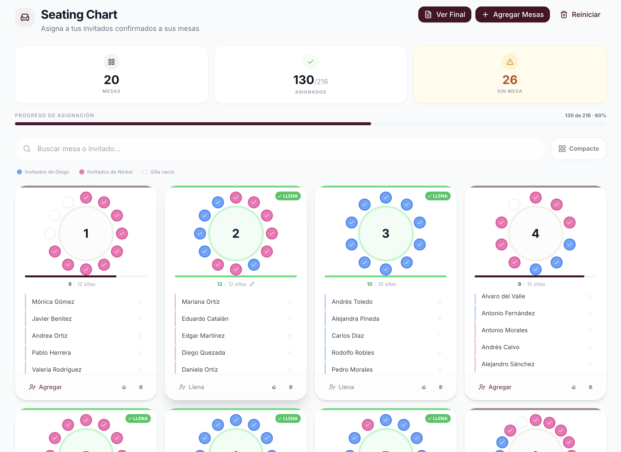 Seating chart interactivo de RSVPLAN — organización visual de mesas